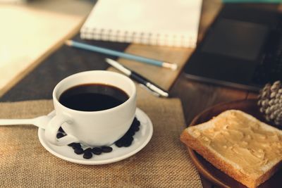 Close-up of coffee and cup on table