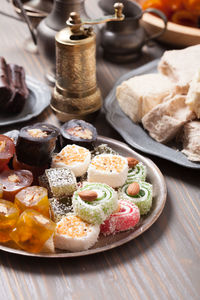 High angle view of food in plate on table