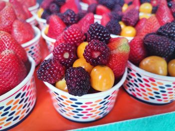 High angle view of strawberries in bowl on table