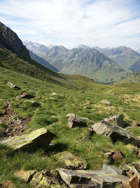 Scenic view of mountains against cloudy sky