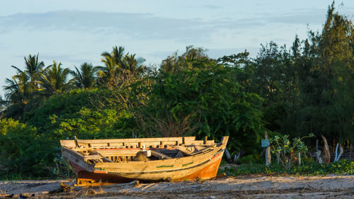 Abandoned boats moored on shore against sky