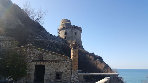 Low angle view of old building against clear sky