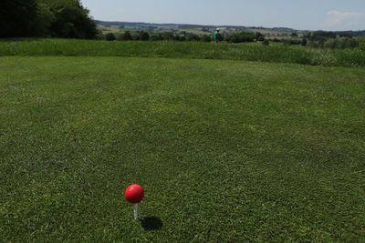 View of red golf ball on field