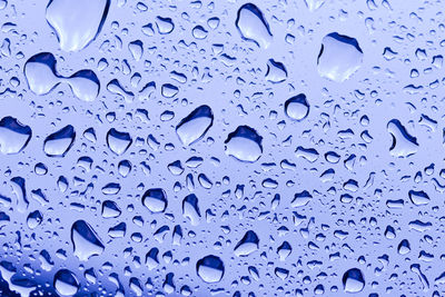 Full frame shot of water drops on blue surface