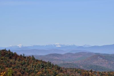 Scenic view of mountains against clear blue sky