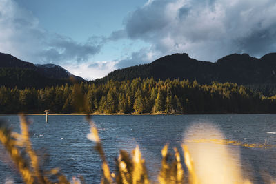 Scenic view of lake by mountain against sky