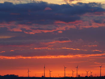 Silhouette of wind turbines at sunset