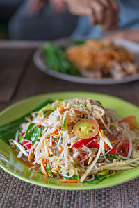 Close-up of noodles in bowl on table