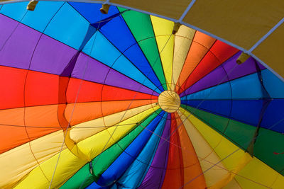 Closeup of the interior of a hot air balloon with the colors of the rainbow