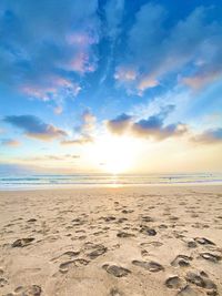 Scenic view of beach against sky during sunset