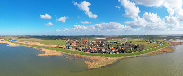 Aerial panorama from the village gaast at the ijsselmeer in the netherlands