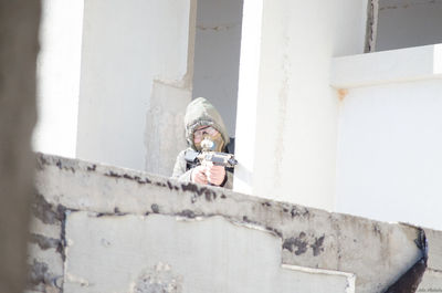 Low angle view of man at construction site