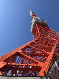 Low angle view of crane against clear blue sky