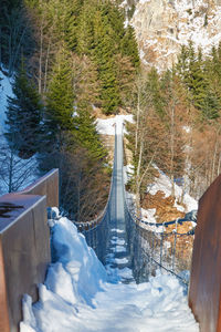 Snow covered footbridge in forest