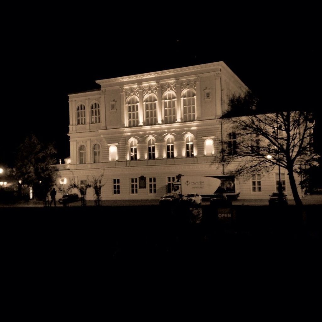 architecture, built structure, building exterior, night, illuminated, clear sky, city, travel destinations, famous place, facade, large group of people, history, copy space, tree, travel, tourism, city life, capital cities, outdoors