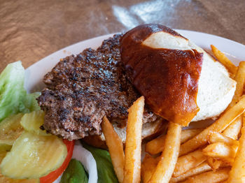 High angle view of burger on plate