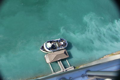 High angle view of ship sailing in sea