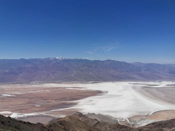 Scenic view of dramatic landscape against clear blue sky