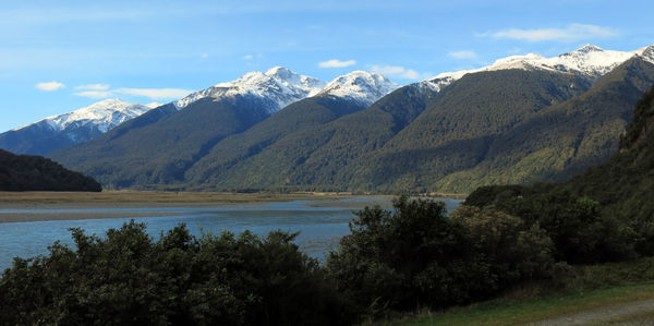 Scenic view of mountains and lake against sky