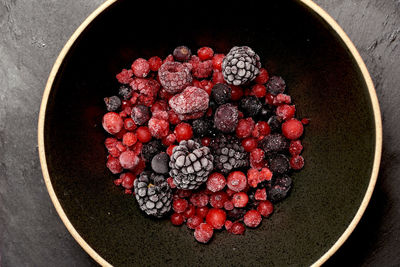 High angle view of raspberries in bowl