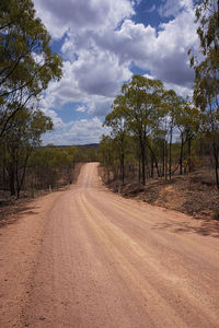 Dirt road amidst trees against sky