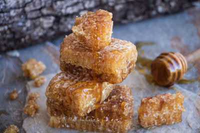 Close-up of honey comb on table