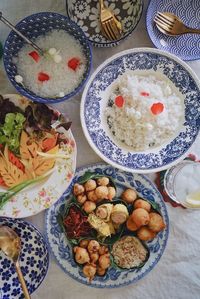 High angle view of meal served on table