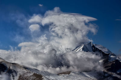 Scenic view of snow covered mountains against sky