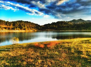 Scenic view of lake against cloudy sky