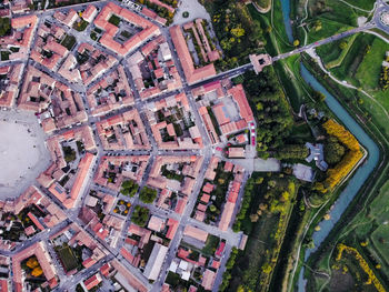 High angle view of buildings in city