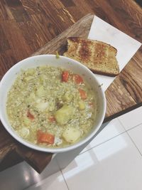 High angle view of soup on table