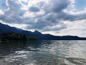 Scenic view of lake by mountains against sky