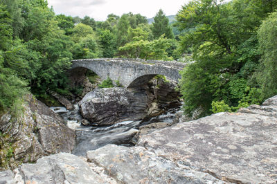 Scenic view of waterfall in forest against sky