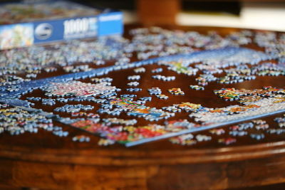 Close-up of jigsaw puzzle on a table