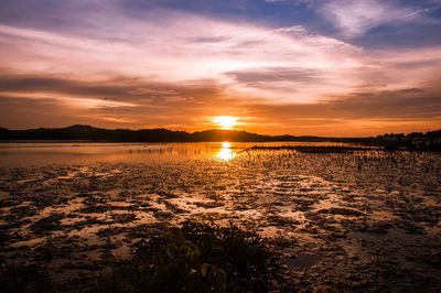 Scenic view of lake against sky during sunset