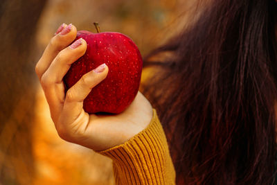 Close-up of woman holding strawberry