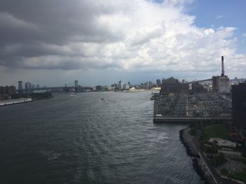 Scenic view of river by cityscape against sky