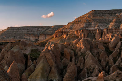 Rock formations on mountain against sky