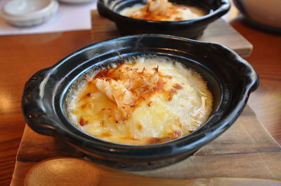 High angle view of soup in bowl on table