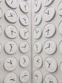 Full frame shot of clocks with text on white wall