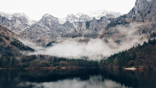 Scenic view of lake and mountains against sky