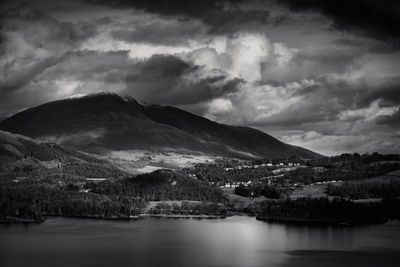 Scenic view of lake and mountains against sky