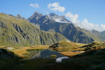 Scenic view of landscape and mountains against sky