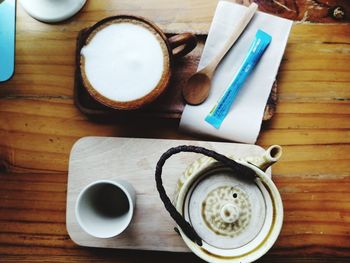 High angle view of breakfast on table