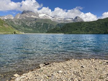 Scenic view of lake and mountains against sky