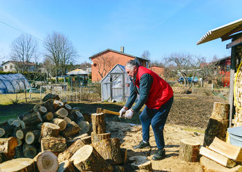Spring landscape with a man in a red vest, a man in his yard splits firewood, climate change