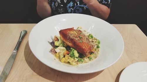 High angle view of food in plate on table