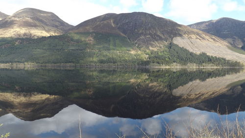 Reflection of mountain range in calm lake