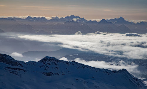 High angle view of snowcapped mountains against sky