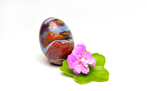 Close-up of easter egg and flowers over white background